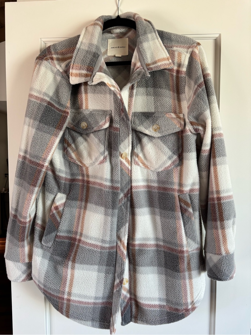 Thread & Supply Plaid Teddy Shacket in Gray, White & Brown